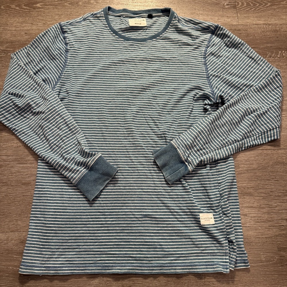 Five Four Shirt Mens Medium Blue White Stripe Long Sleeve Crew Neck 100% Cotton